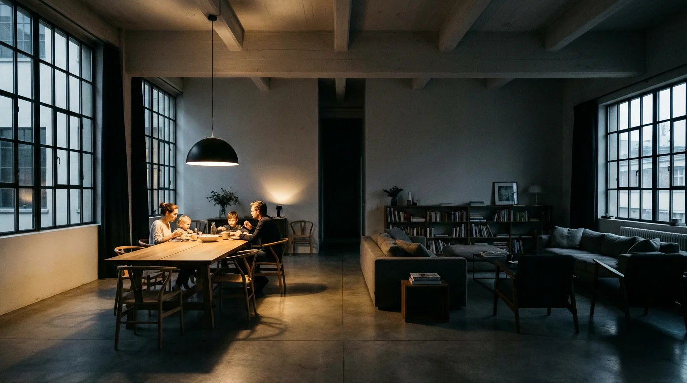 An open-concept loft showing a brightly lit dining table next to a darkened living area to illustrate lighting zones.