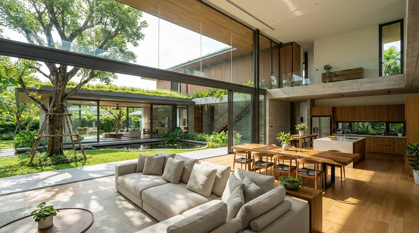 An open-plan modern home interior with large windows and bright natural light.