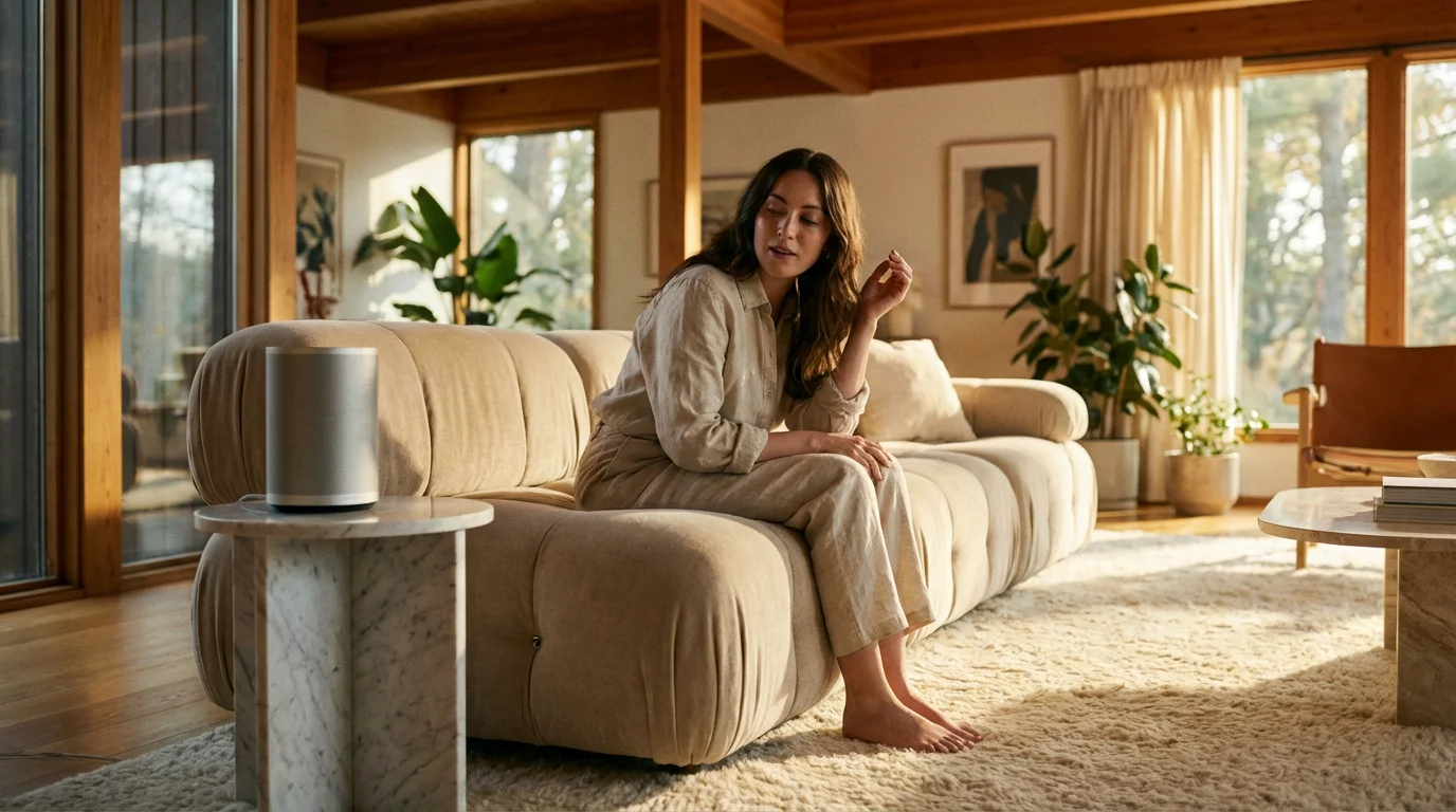 A woman in a modern, sunlit living room interacting with a smart speaker on a side table.