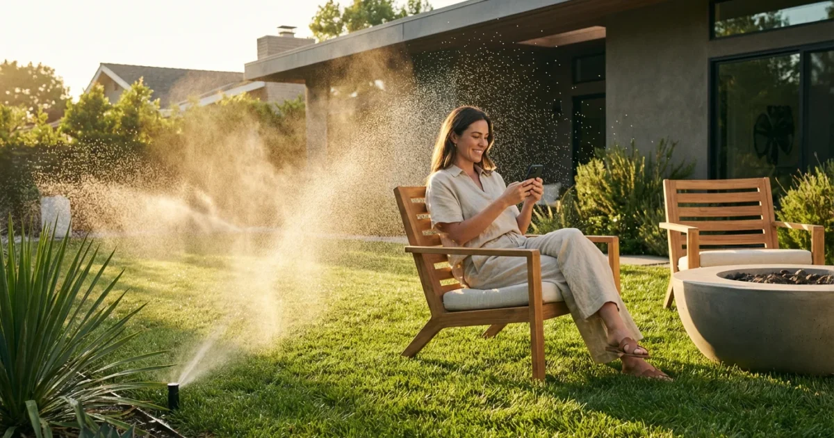 A homeowner using a smartphone to control a smart sprinkler system in a lush, sunlit backyard at sunset.