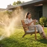 A homeowner using a smartphone to control a smart sprinkler system in a lush, sunlit backyard at sunset.