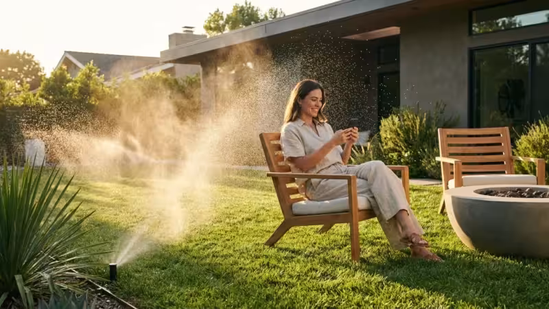 A homeowner using a smartphone to control a smart sprinkler system in a lush, sunlit backyard at sunset.