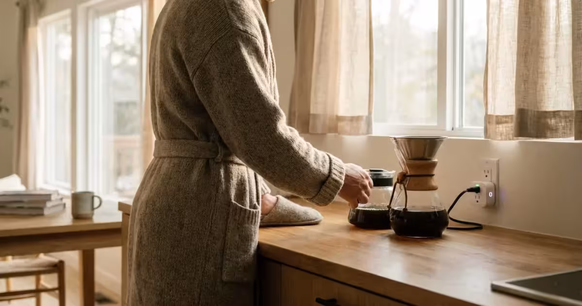A person pouring freshly brewed coffee in a sunlit modern kitchen with a smart plug visible.