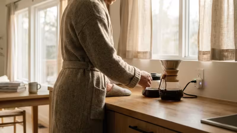 A person pouring freshly brewed coffee in a sunlit modern kitchen with a smart plug visible.