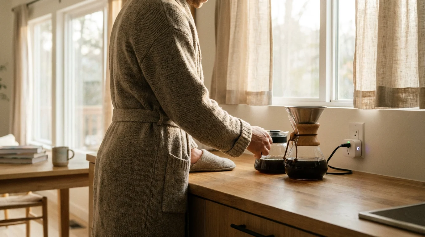 A person pouring freshly brewed coffee in a sunlit modern kitchen with a smart plug visible.
