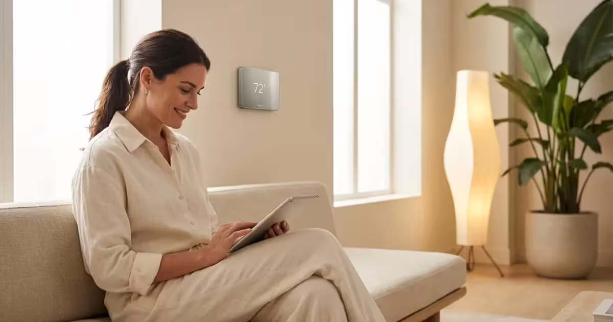 A woman using a tablet in a bright, modern smart home living room with minimalist decor.
