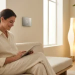 A woman using a tablet in a bright, modern smart home living room with minimalist decor.