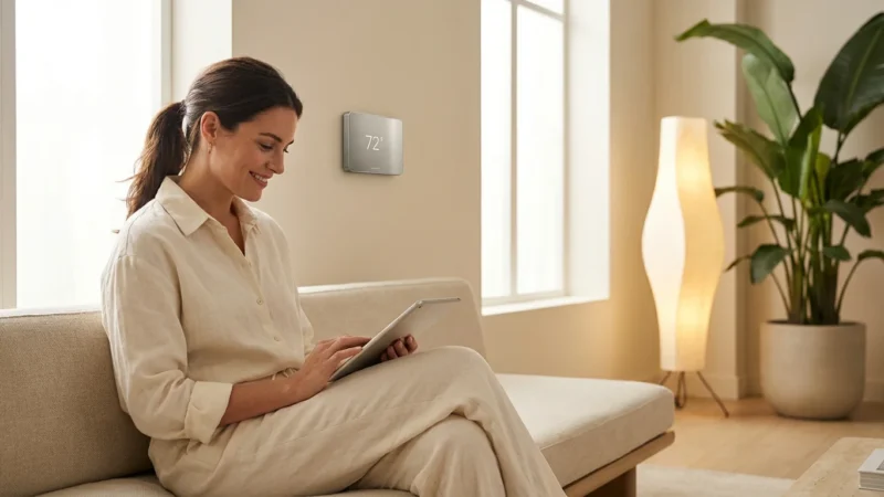 A woman using a tablet in a bright, modern smart home living room with minimalist decor.
