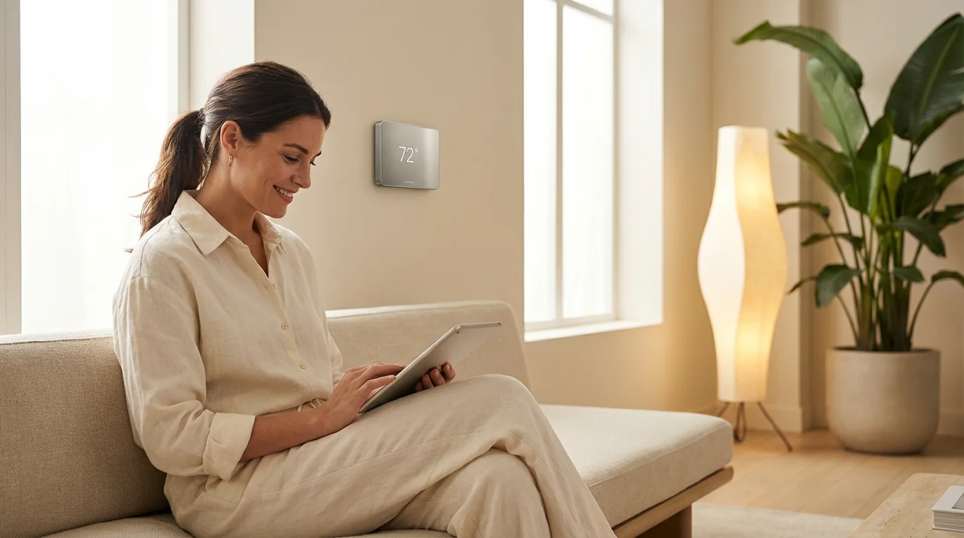 A woman using a tablet in a bright, modern smart home living room with minimalist decor.