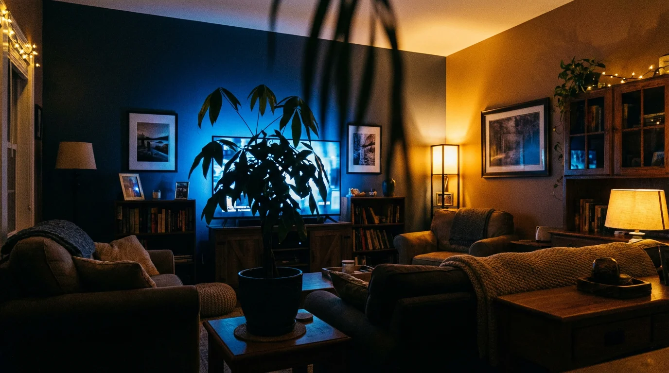 Blue light flickering on a wall to simulate a television being watched in a dark room.