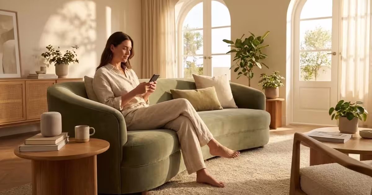 A person using a smartphone to control their smart home in a sunlit, modern living room.