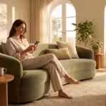 A person using a smartphone to control their smart home in a sunlit, modern living room.
