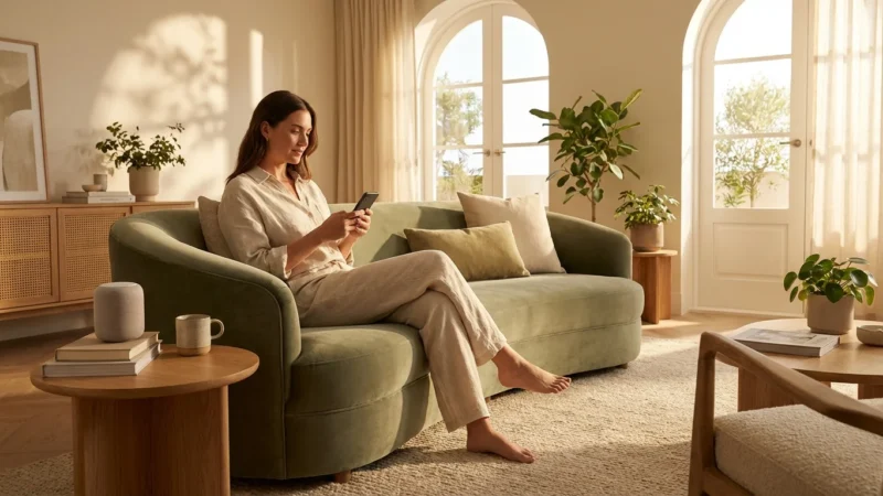 A person using a smartphone to control their smart home in a sunlit, modern living room.