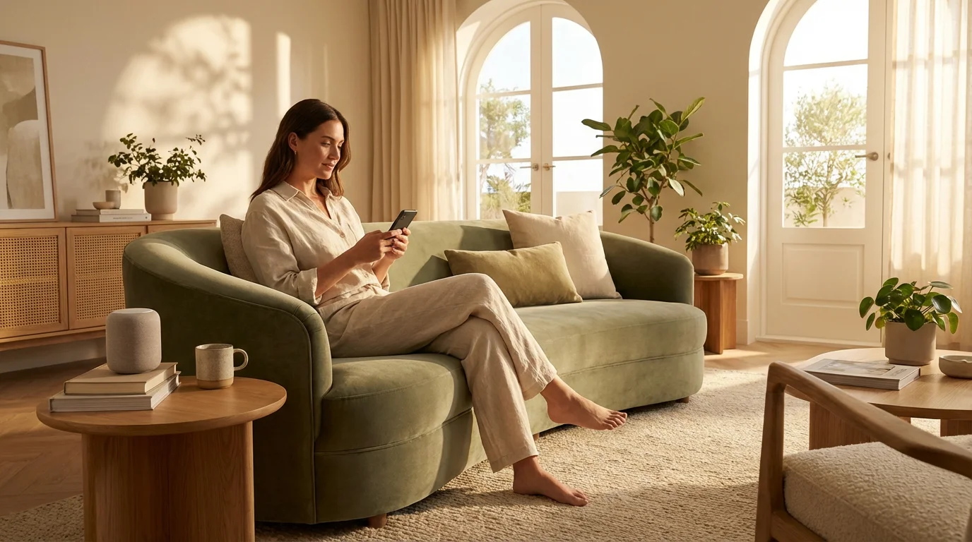 A person using a smartphone to control their smart home in a sunlit, modern living room.