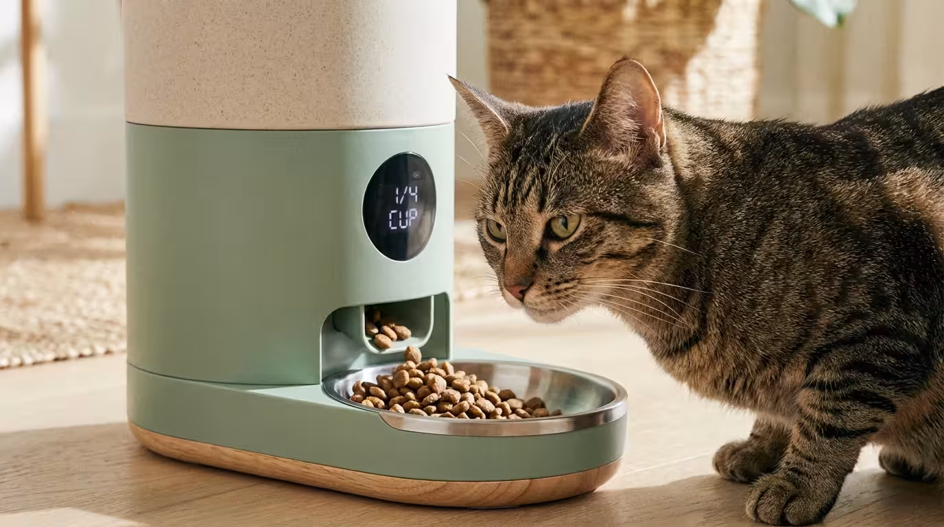 Cat eating from a smart feeder bowl with precise portion control.