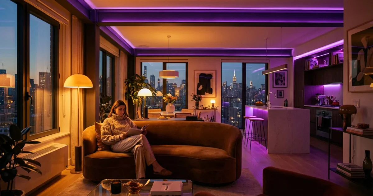 A woman relaxing in a small, beautifully lit smart apartment with purple and amber accent lighting.