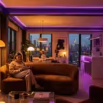 A woman relaxing in a small, beautifully lit smart apartment with purple and amber accent lighting.
