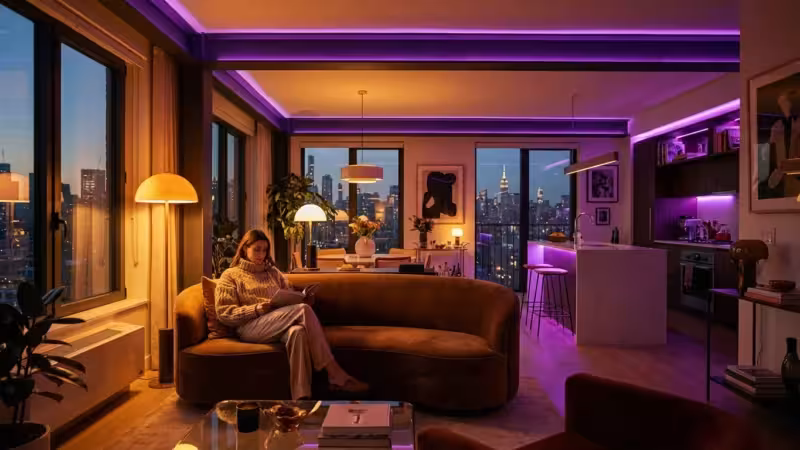 A woman relaxing in a small, beautifully lit smart apartment with purple and amber accent lighting.