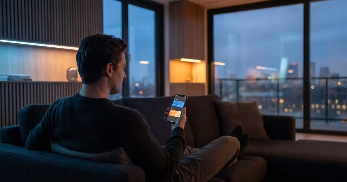 A person using a smartphone to change the smart lighting ambiance in a modern living room.