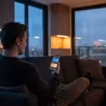 A person using a smartphone to change the smart lighting ambiance in a modern living room.