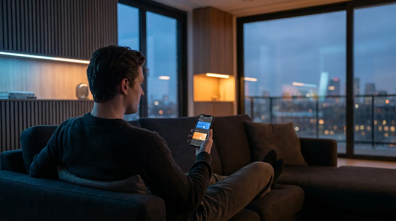 A person using a smartphone to change the smart lighting ambiance in a modern living room.