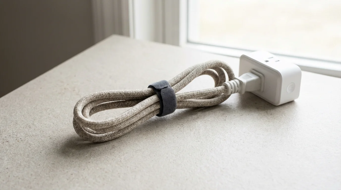 Clean and organized coffee station showing safe cable management and a smart plug.