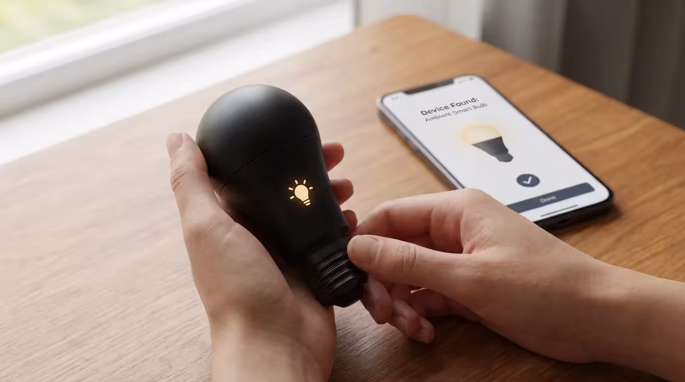 Close-up 3D render of a person holding a smart bulb with a smartphone displaying a setup screen in a bright room.