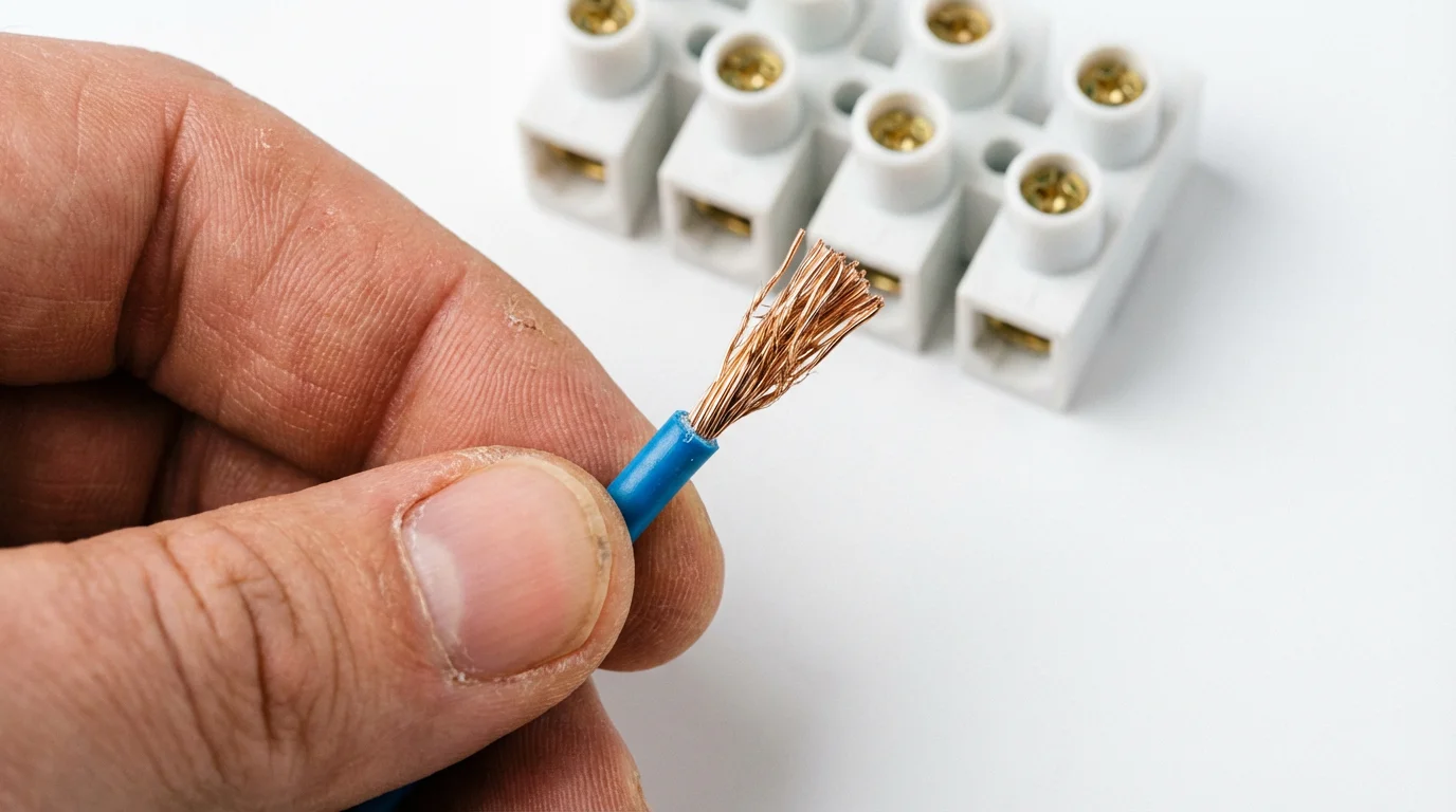 Close-up of a blue common wire held against a thermostat terminal block.