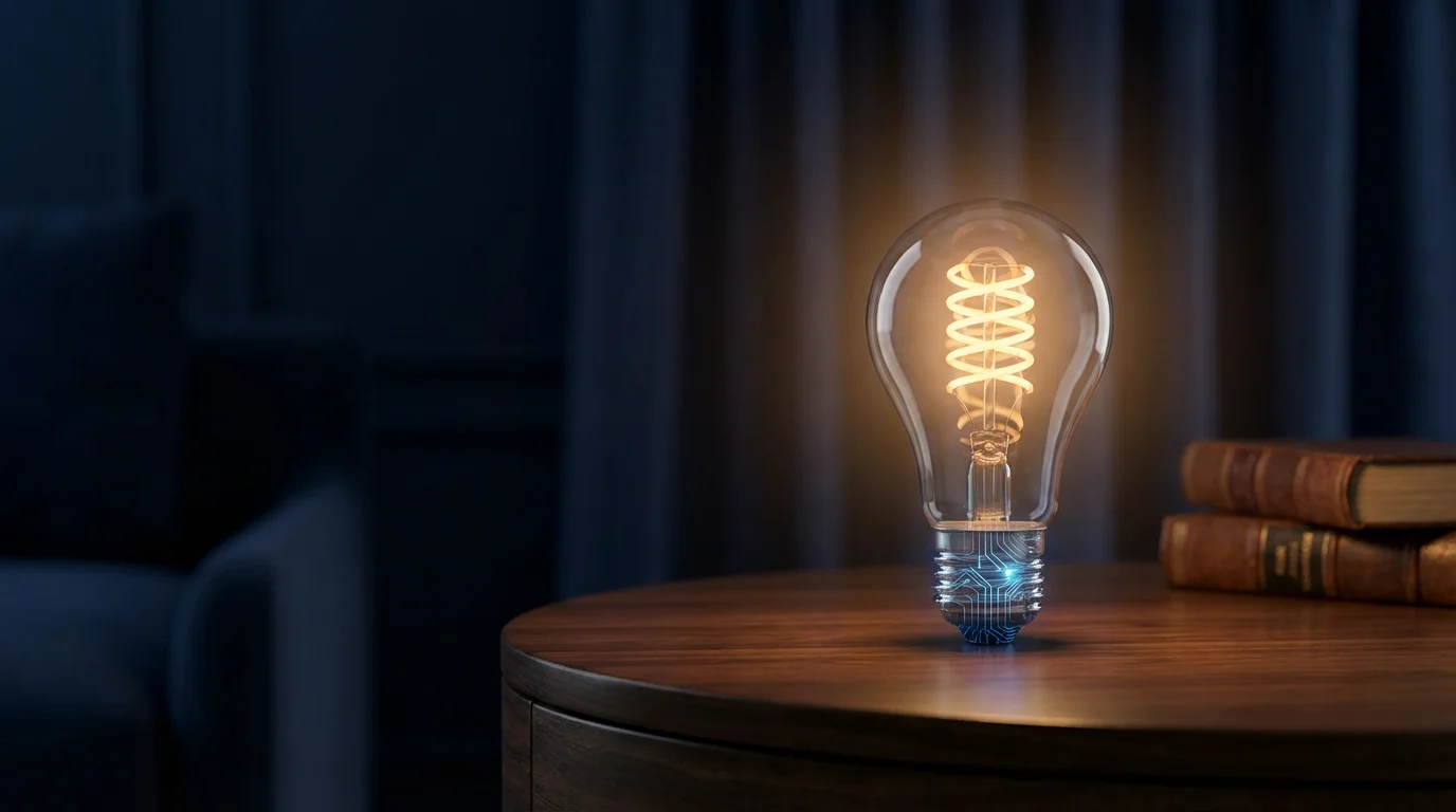 Close-up of a designer smart lamp in a moody, modern room setting.