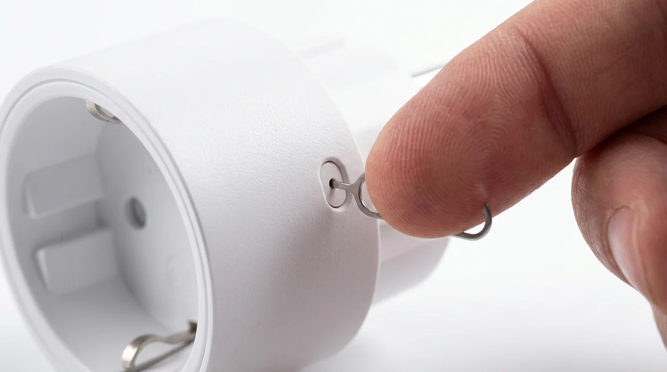 Close-up of a finger pressing a reset button on a smart plug.