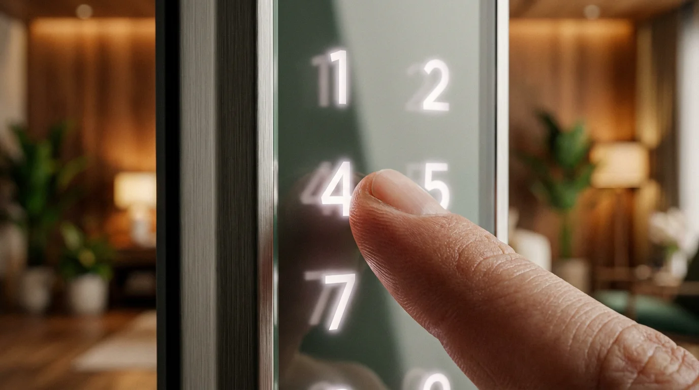 Close-up of a finger touching a glowing numeric keypad on a modern smart lock.