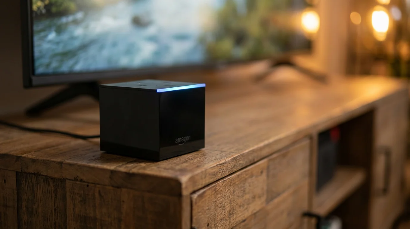 Close-up of a Fire TV Cube with its signature blue light active on a wooden shelf.