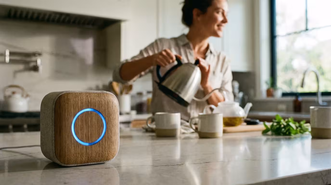 Close-up of a glowing smart speaker on a kitchen counter with a person blurred in the background.