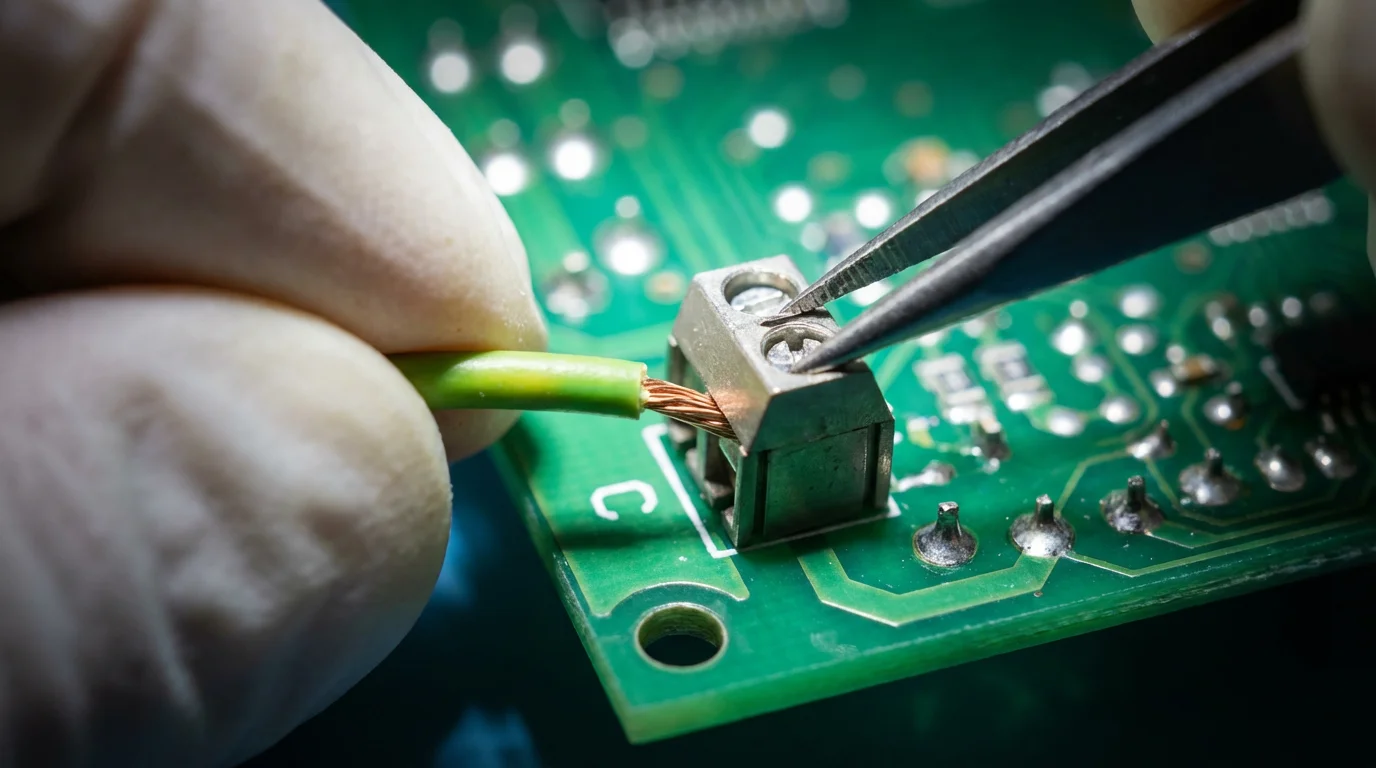 Close-up of a green wire being moved to a different terminal on a control board.
