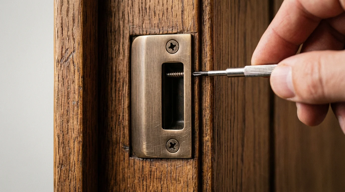 Close-up of a hand adjusting a metal door strike plate with a screwdriver for better lock alignment.