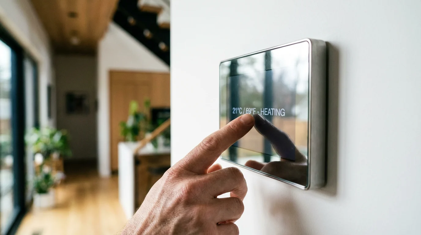 Close-up of a hand adjusting a premium smart thermostat on a minimalist wall.