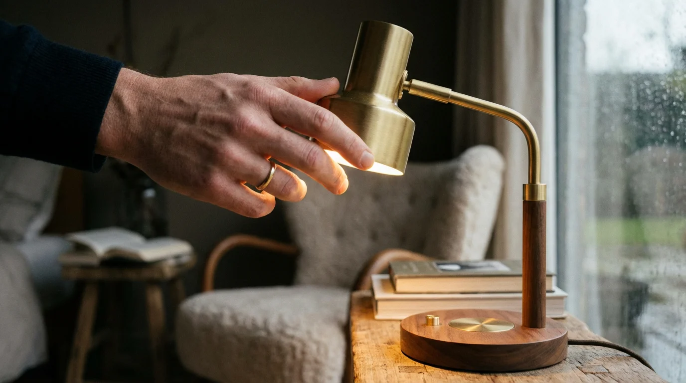 Close-up of a hand near a stylish table lamp in a cozy, well-lit room.