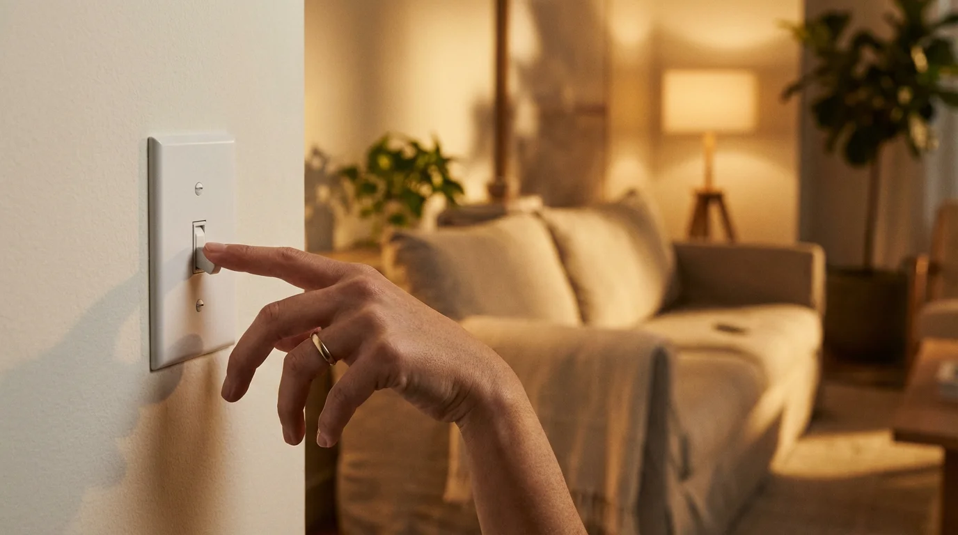 Close-up of a hand turning on a physical light switch in a modern home.