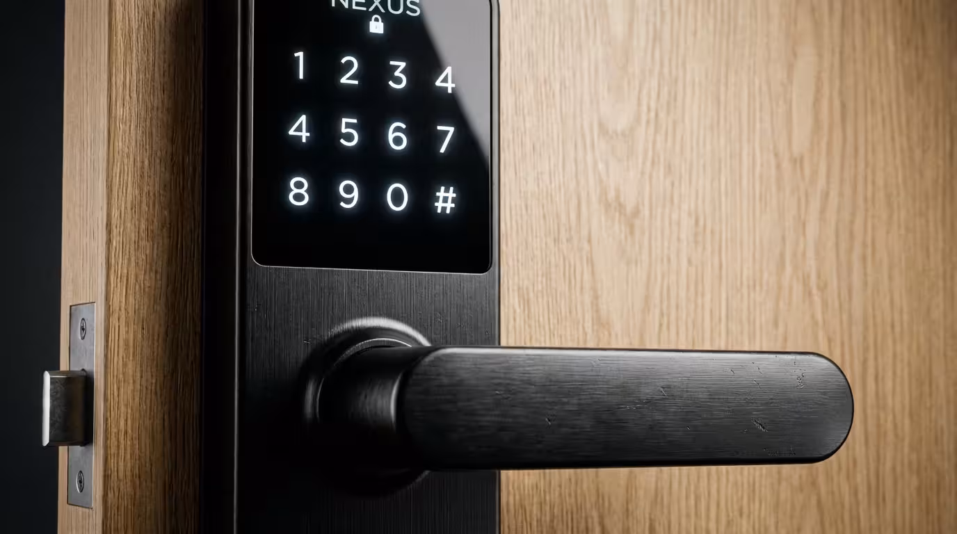 Close-up of a high-end matte black smart lock with a glowing touchscreen keypad.