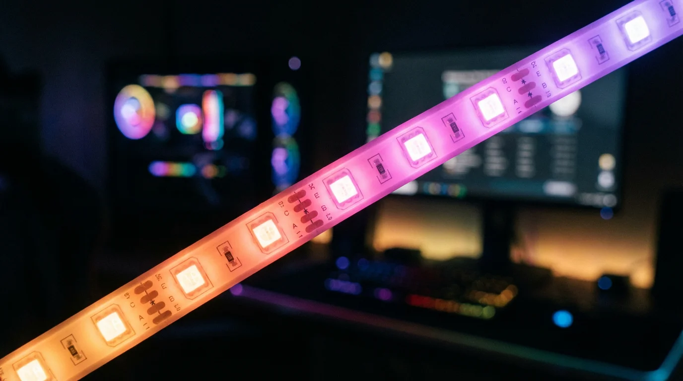 Close-up of a high-quality RGBIC LED light strip showing multiple colors at once.