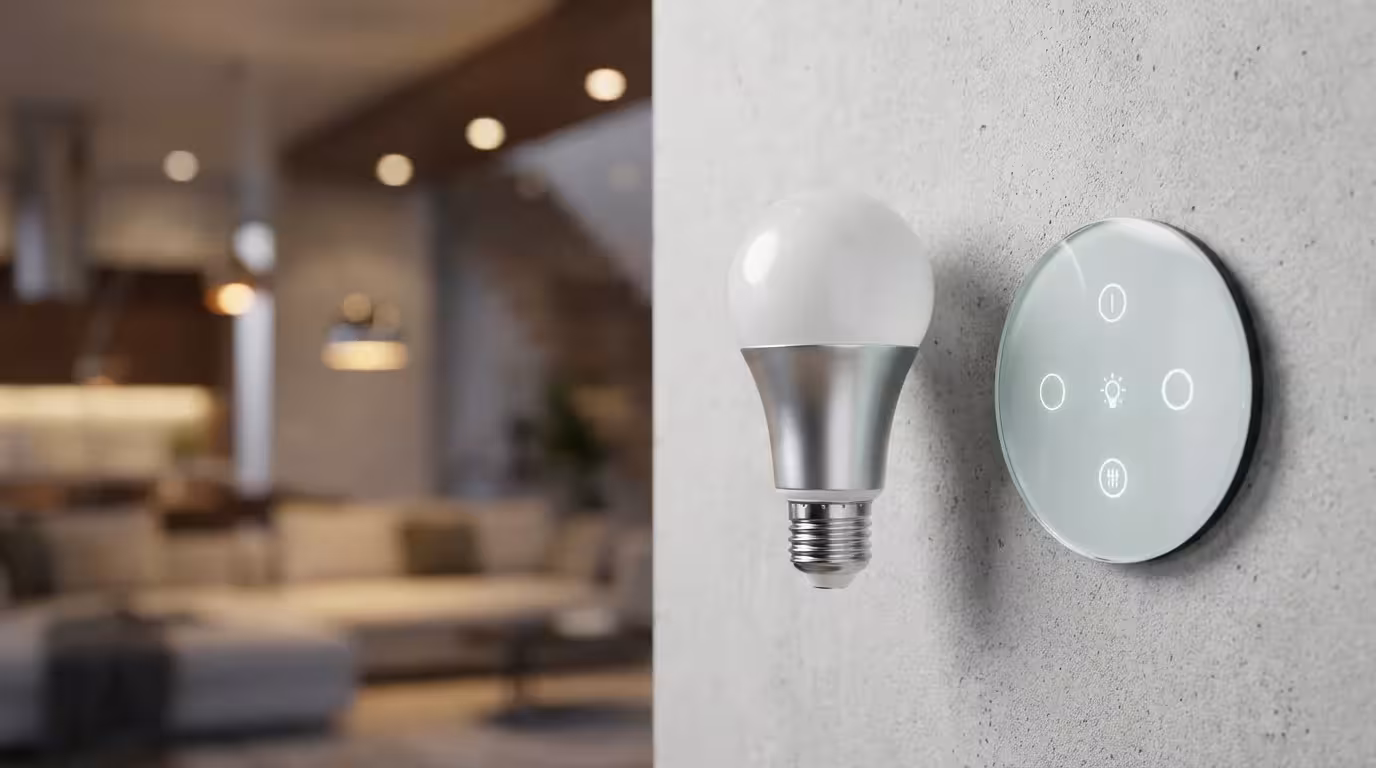 Close-up of a high-tech smart light bulb and a minimalist wall controller.
