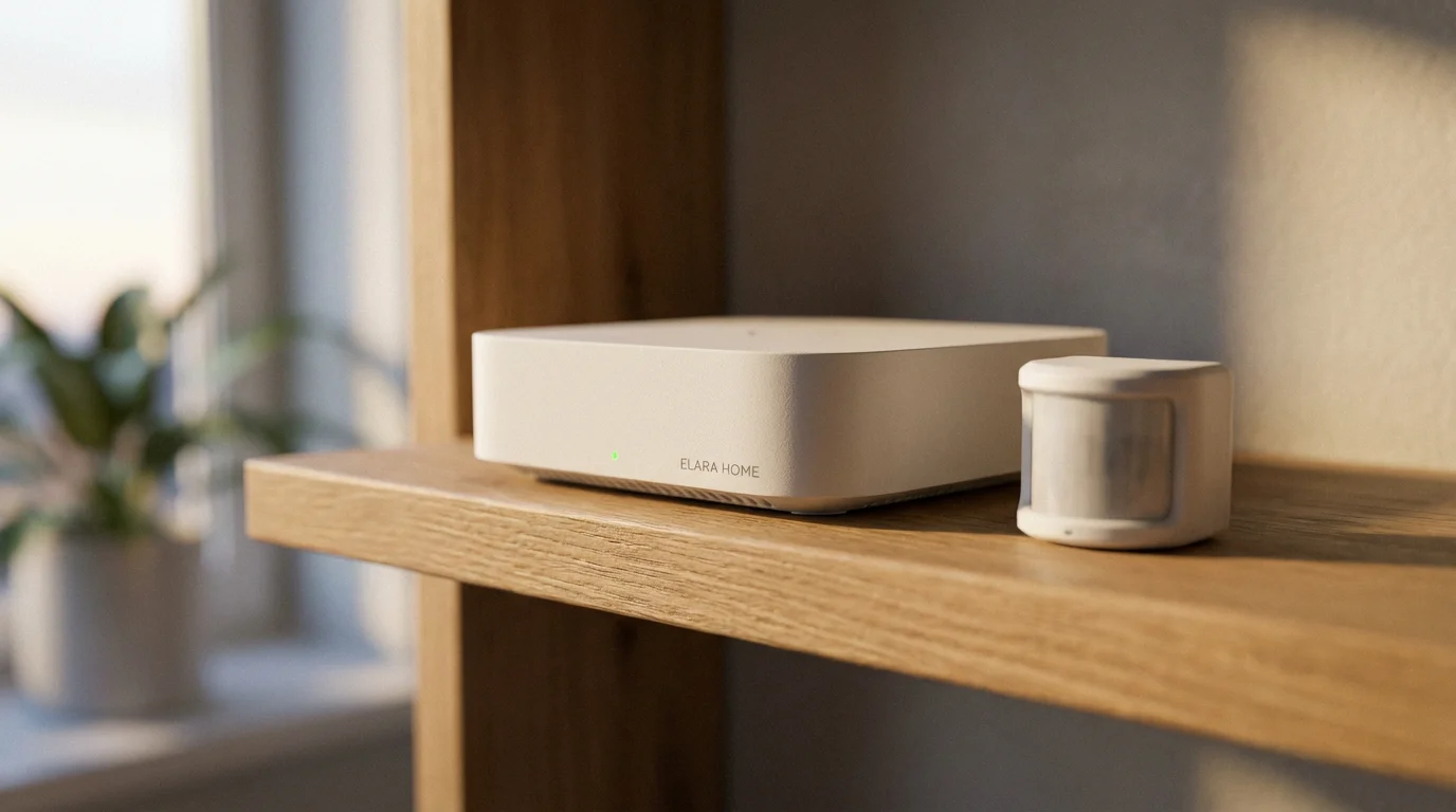 Close-up of a minimalist smart home hub and motion sensor on a wooden shelf.
