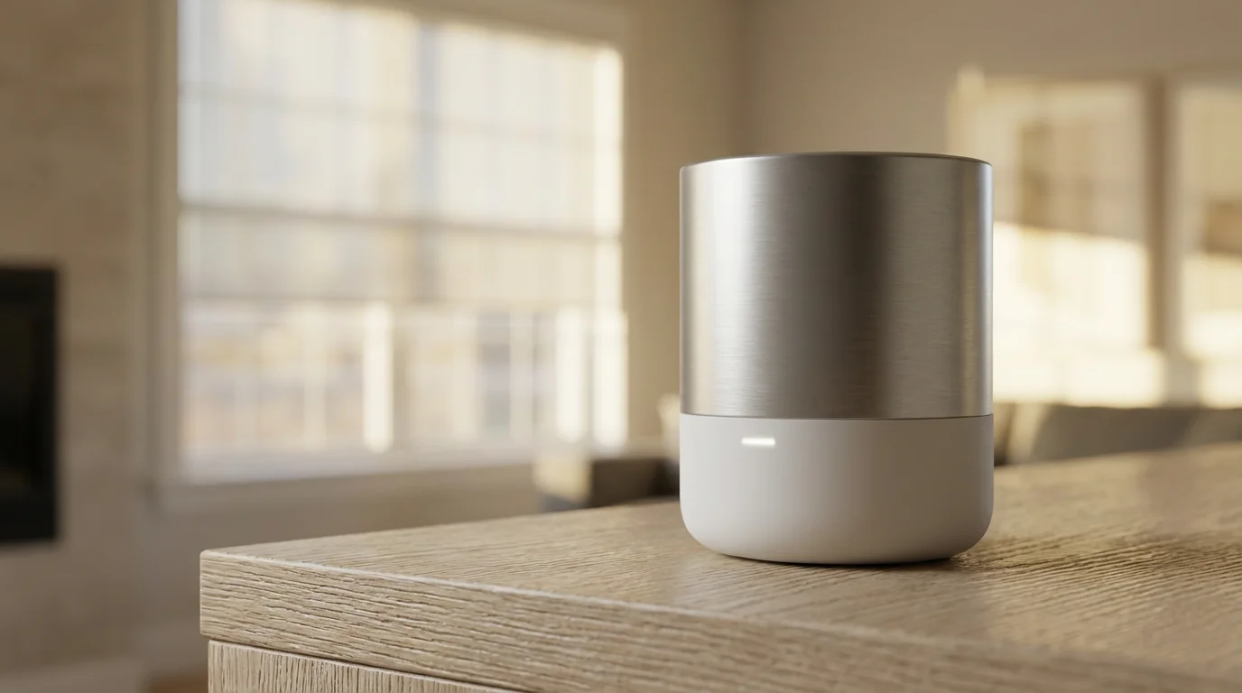 Close-up of a minimalist smart home hub on a wooden table with smart blinds in the blurred background.