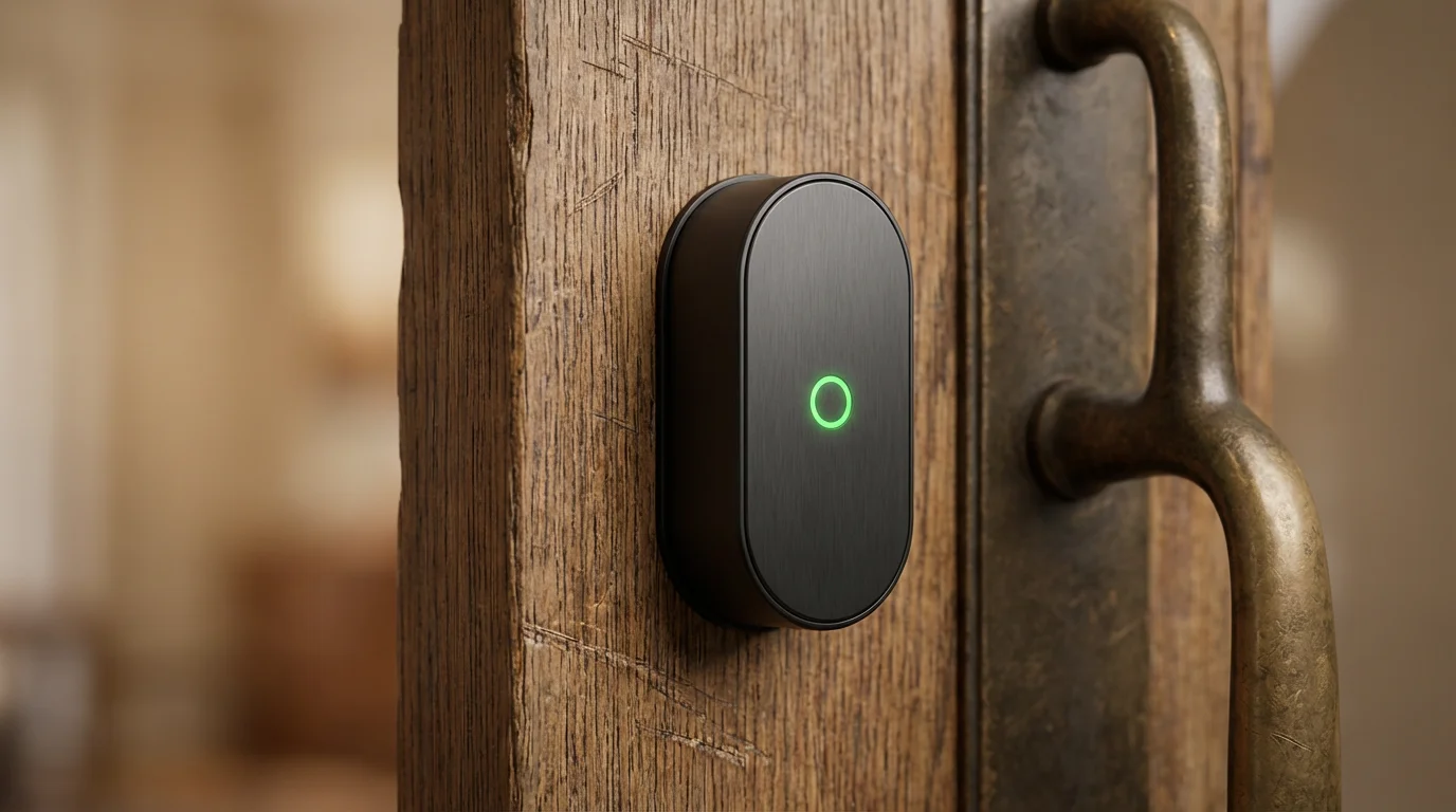 Close-up of a modern matte black smart lock on a wooden door.