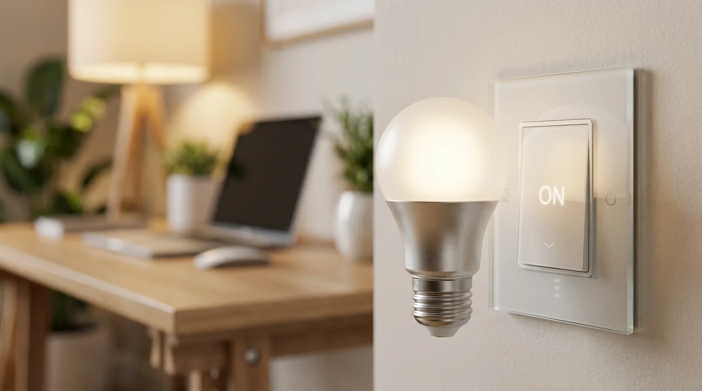 Close-up of a modern smart light bulb and a minimalist wall switch against a blurred home office background.