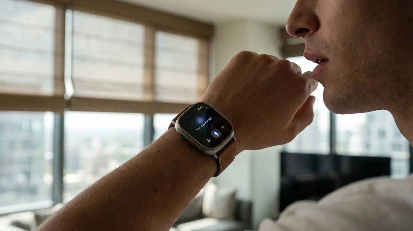 Close-up of a person using a smart watch to control window blinds in a luxury home.