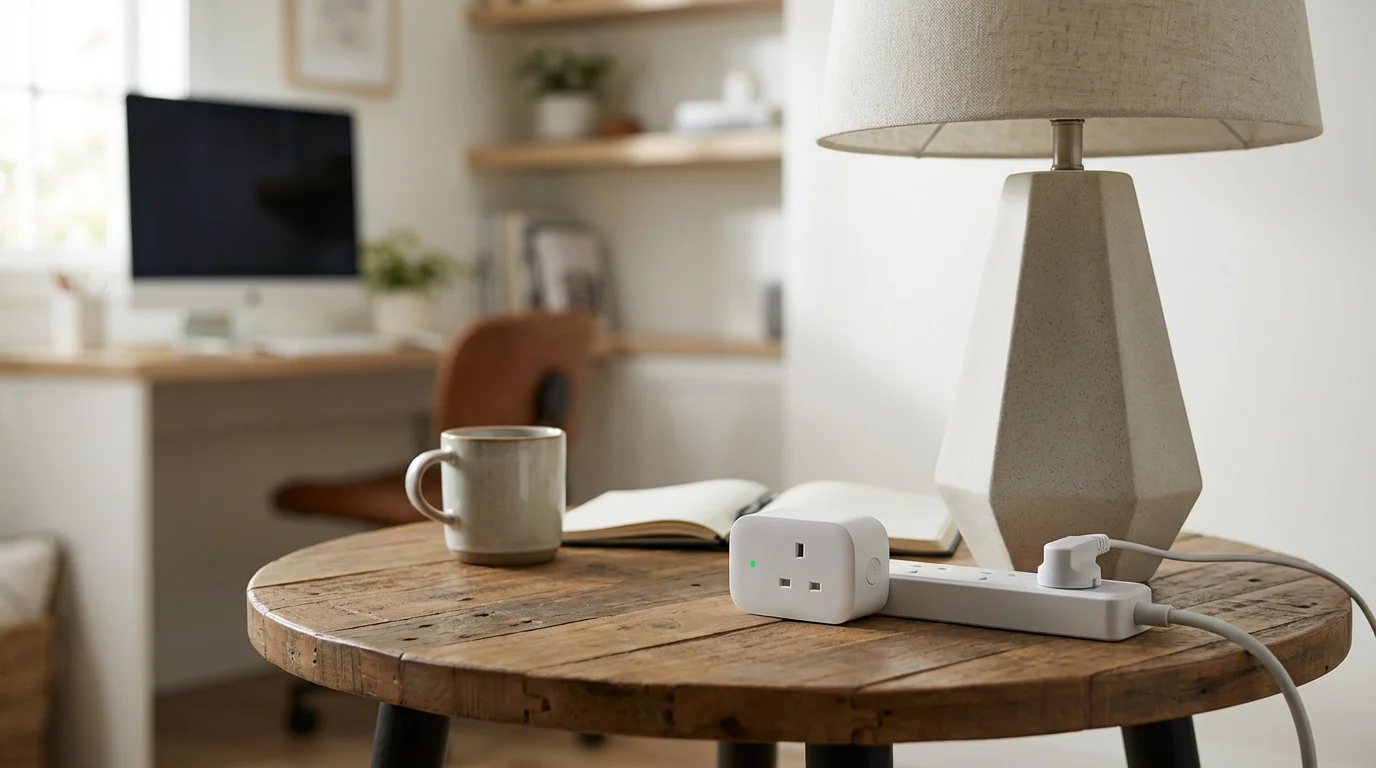 Close-up of a smart plug in a modern home interior.