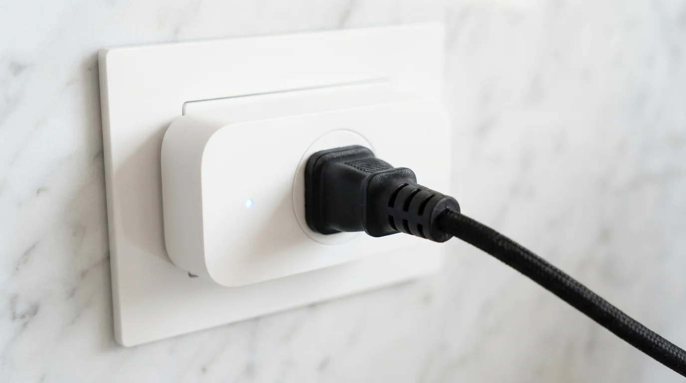 Close-up of a smart plug with a blue indicator light plugged into a kitchen wall outlet.
