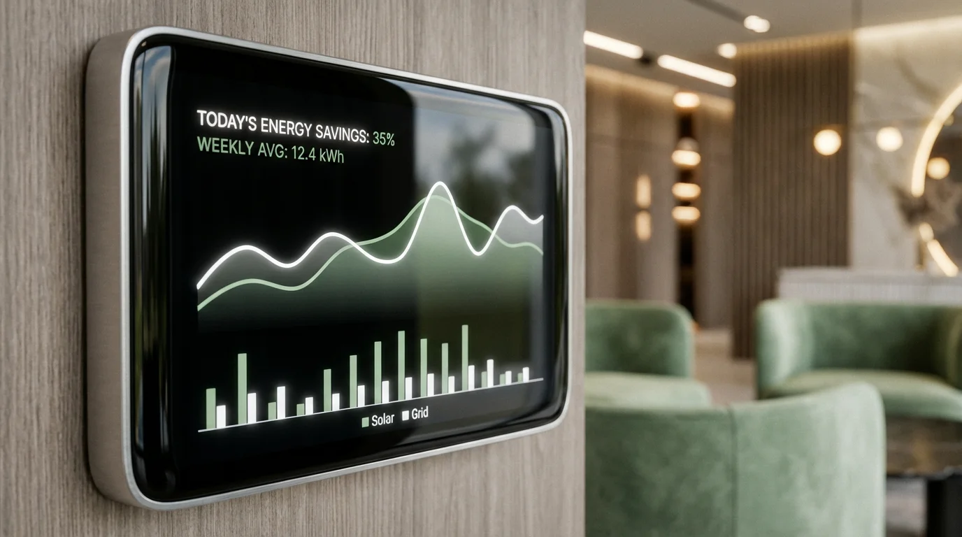 Close-up of a smart thermostat display showing energy savings data.