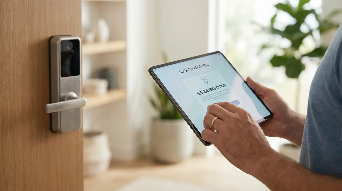 Close-up of hands adjusting security settings on a tablet next to a modern smart door lock.